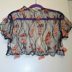 Shein sheer black lace with floating coral butterflies crop top, Size 7